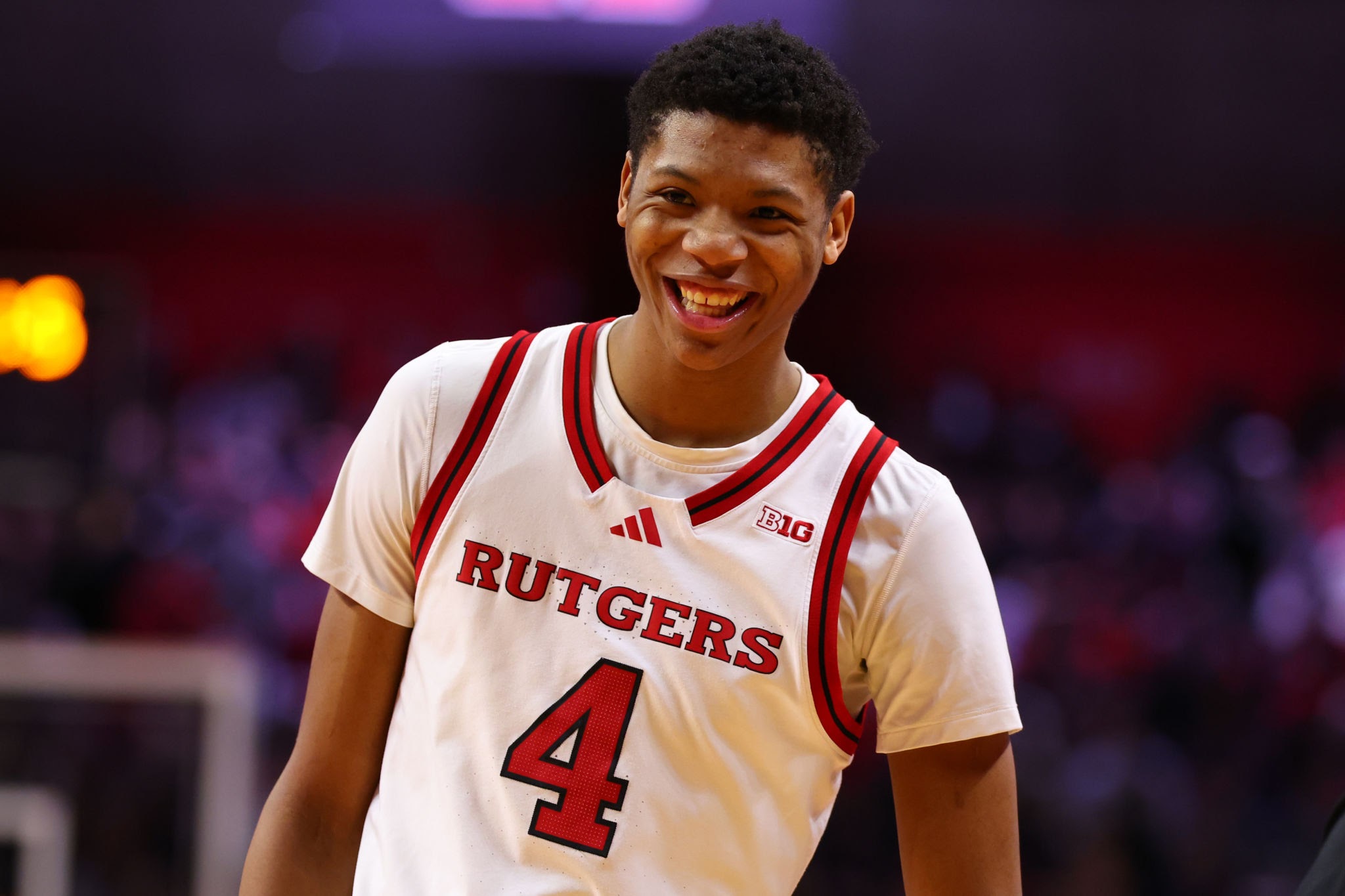 Ace Bailey #4 of the Rutgers Scarlet Knights reacts during the first half against the USC Trojans at Jersey Mike's Arena on February 23, 2025 in Piscataway, New Jersey. (Photo by Ed Mulholland/Getty Images