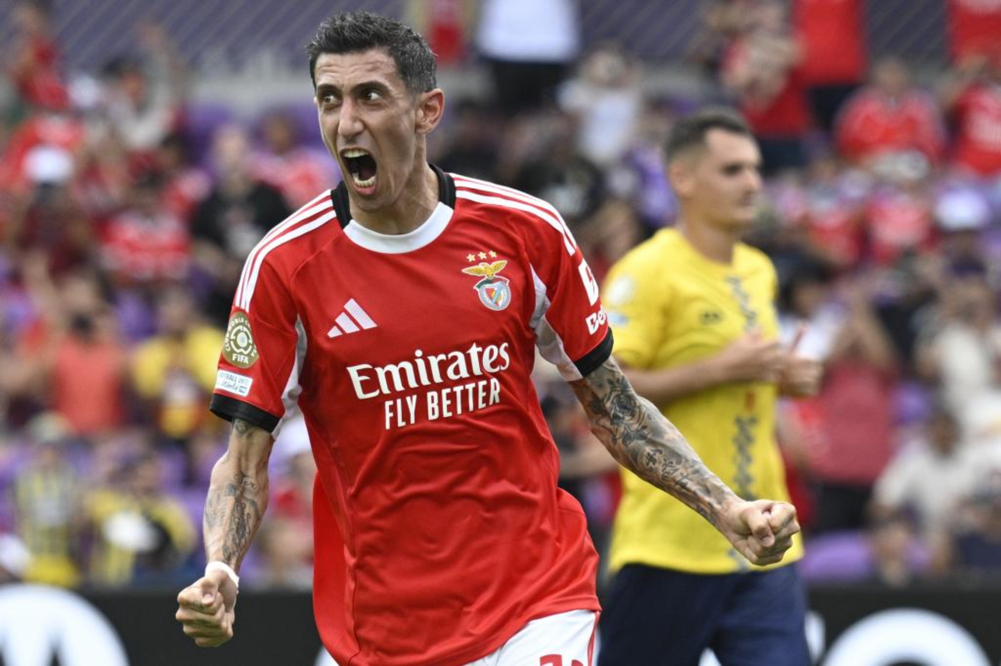 Angel Di Maria celebrating the goal he got to the Auckland City.