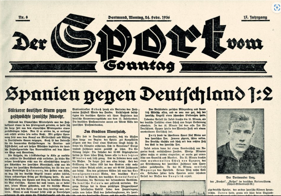 Chronicle in the Dortmund press of Spain 1-Germany February 2, 1936, with Lenz's photograph.