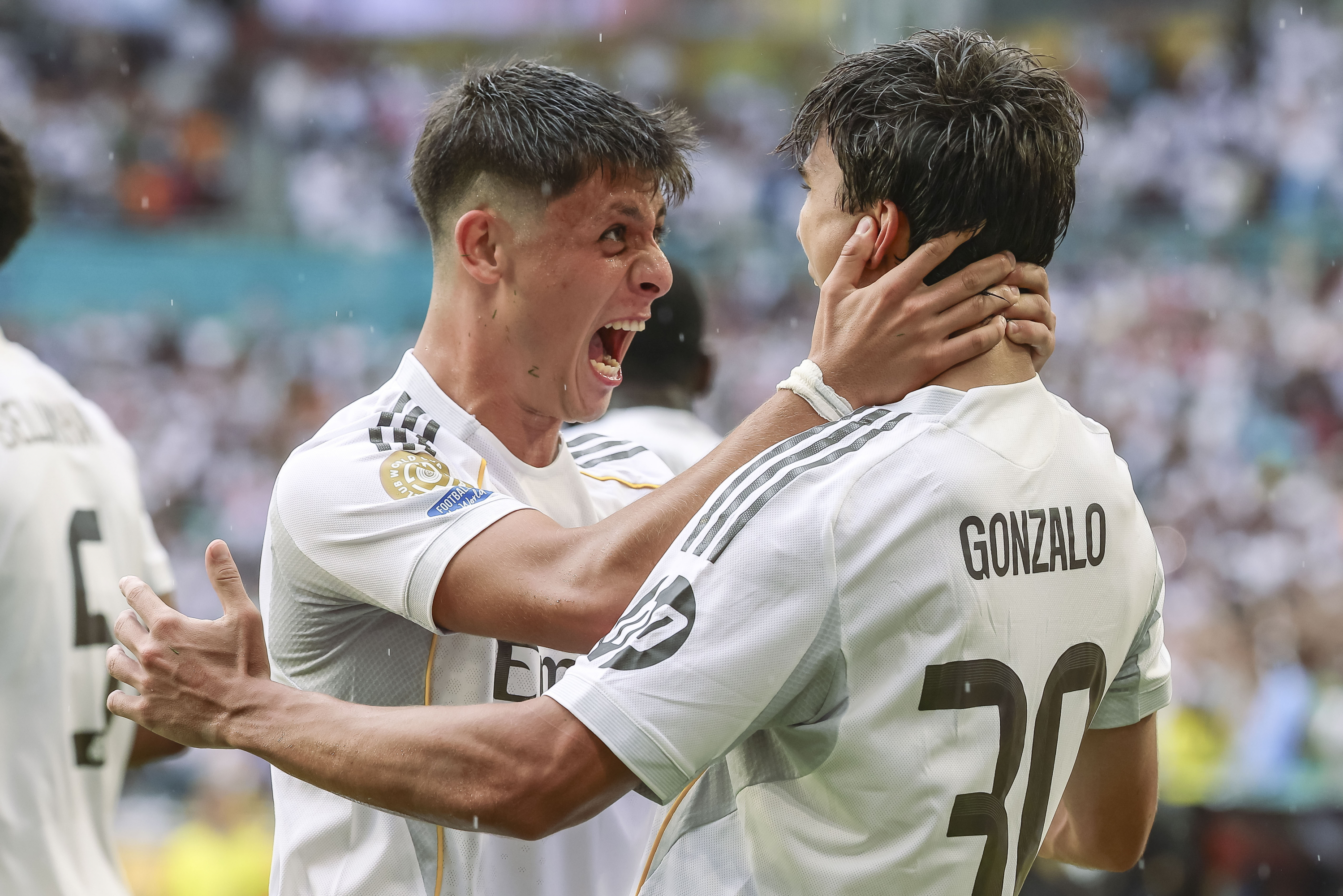 Gonzalo Garcia celebrates scoring the 1-0 goal with his teammate Arda Guler 