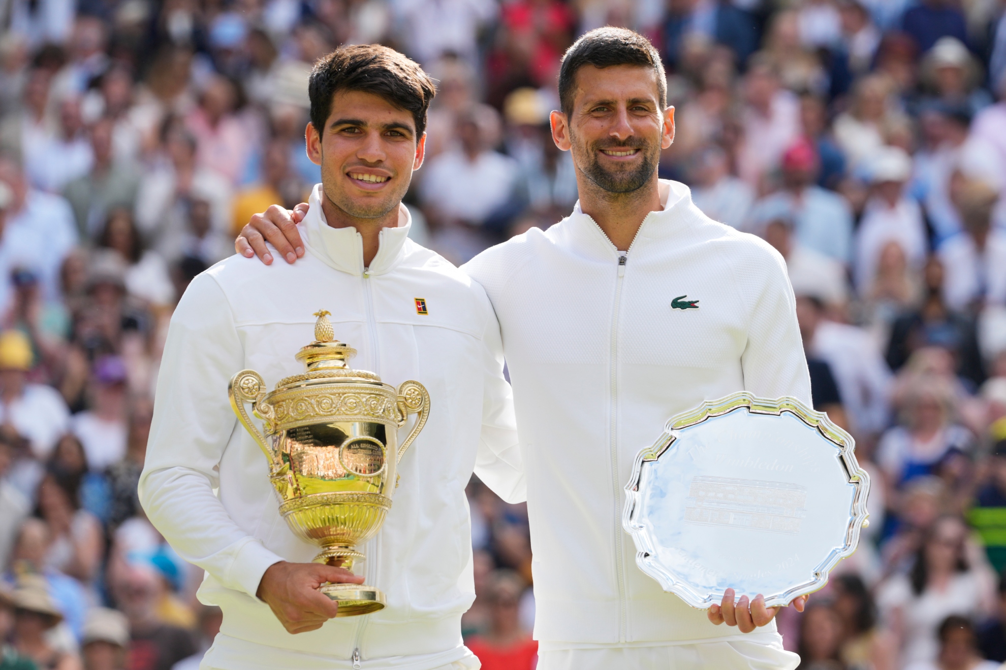 Alcaraz y Djokovic, en Wimbledon 2024.