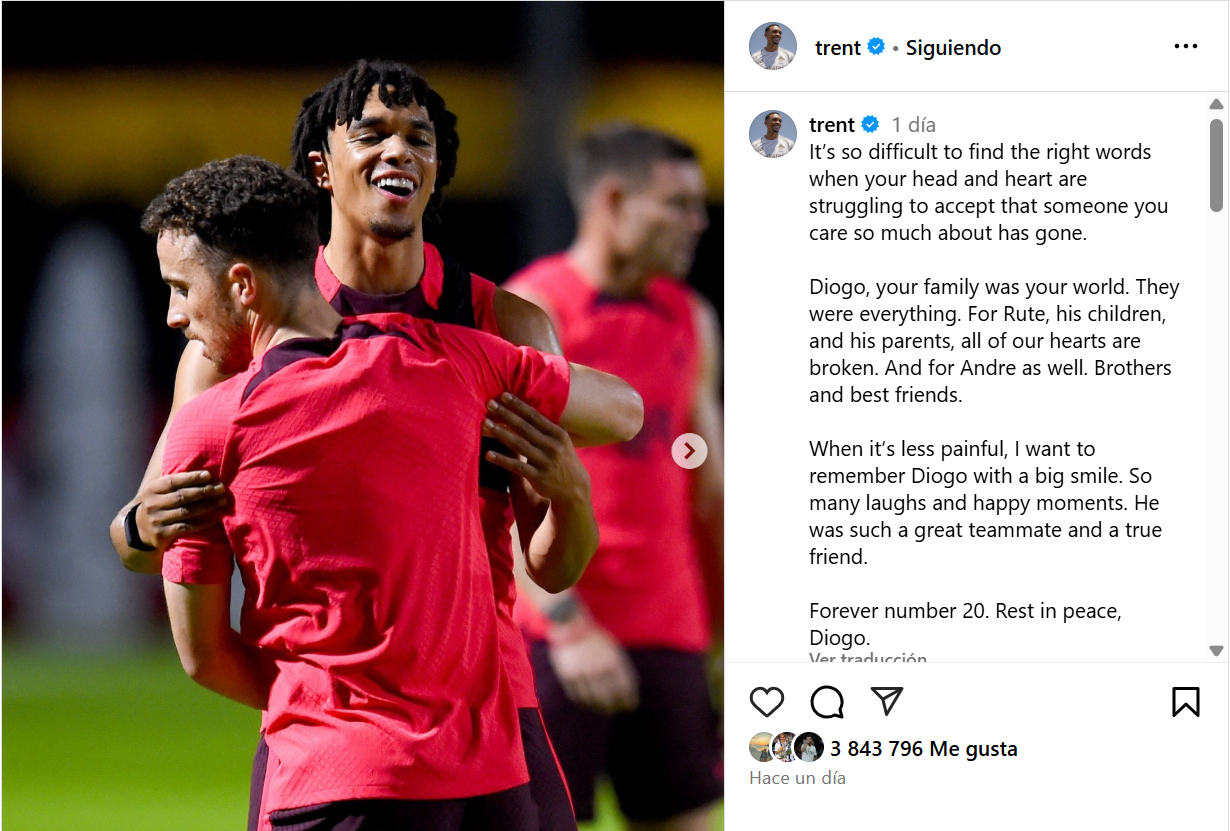 El desgarrador mensaje de Trent a Diogo Jota: “Es tan difícil encontrar las  palabras adecuadas...”