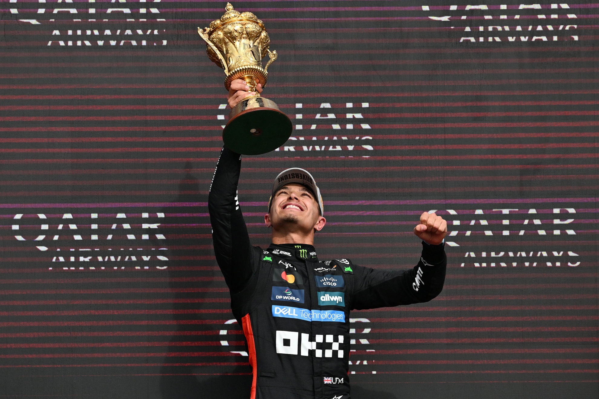 Lando Norris celebrating his victory in the Grand Prix of Great Britain.
