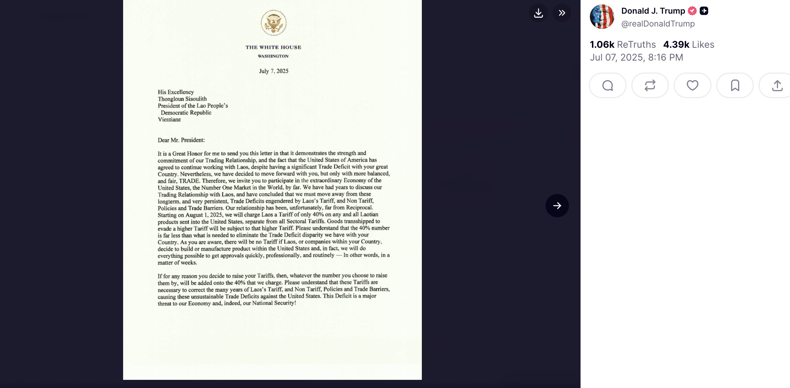 The first part of the letter sent to Laos