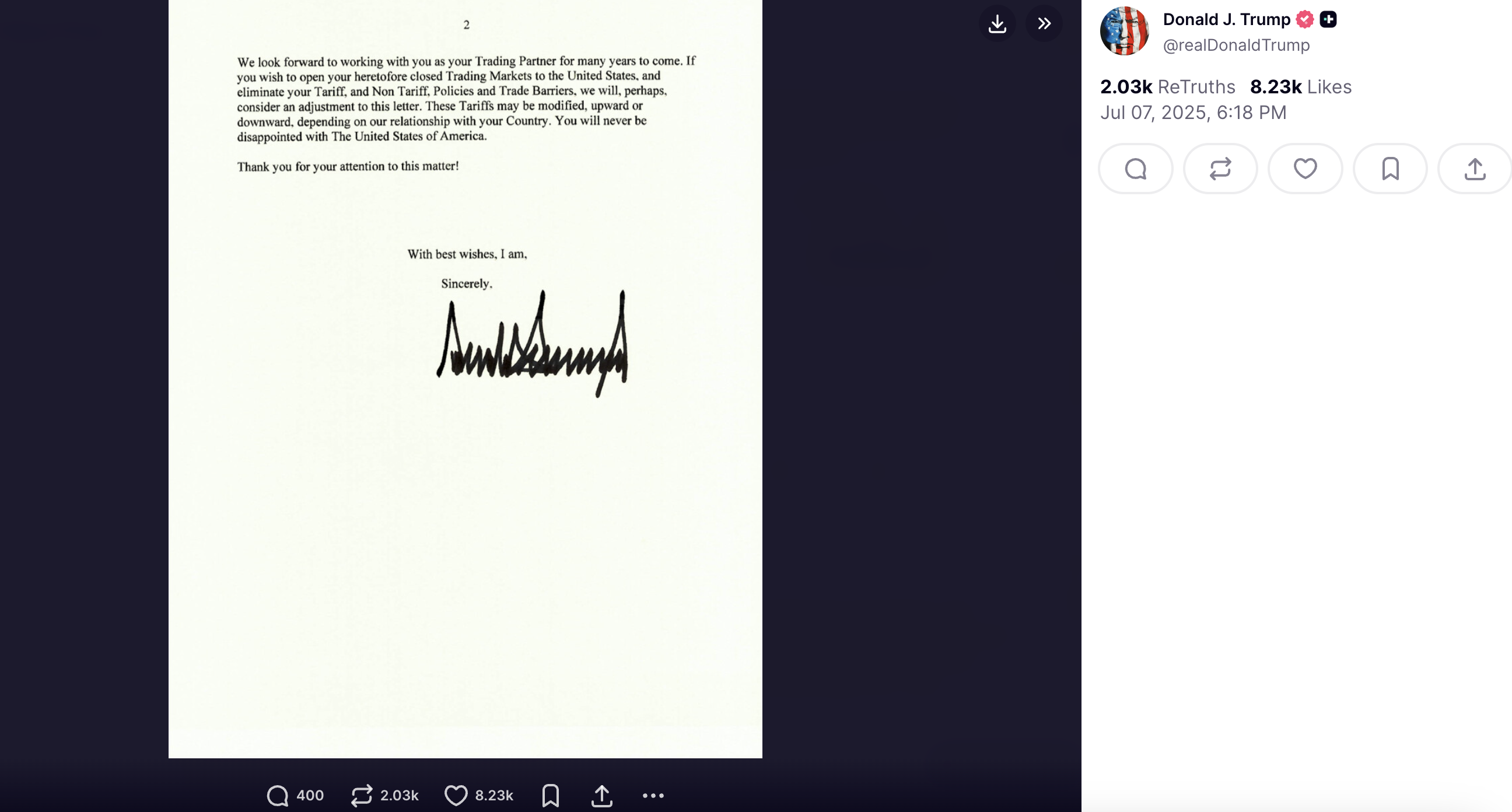 Thus ends Trump's sent letter to Japan