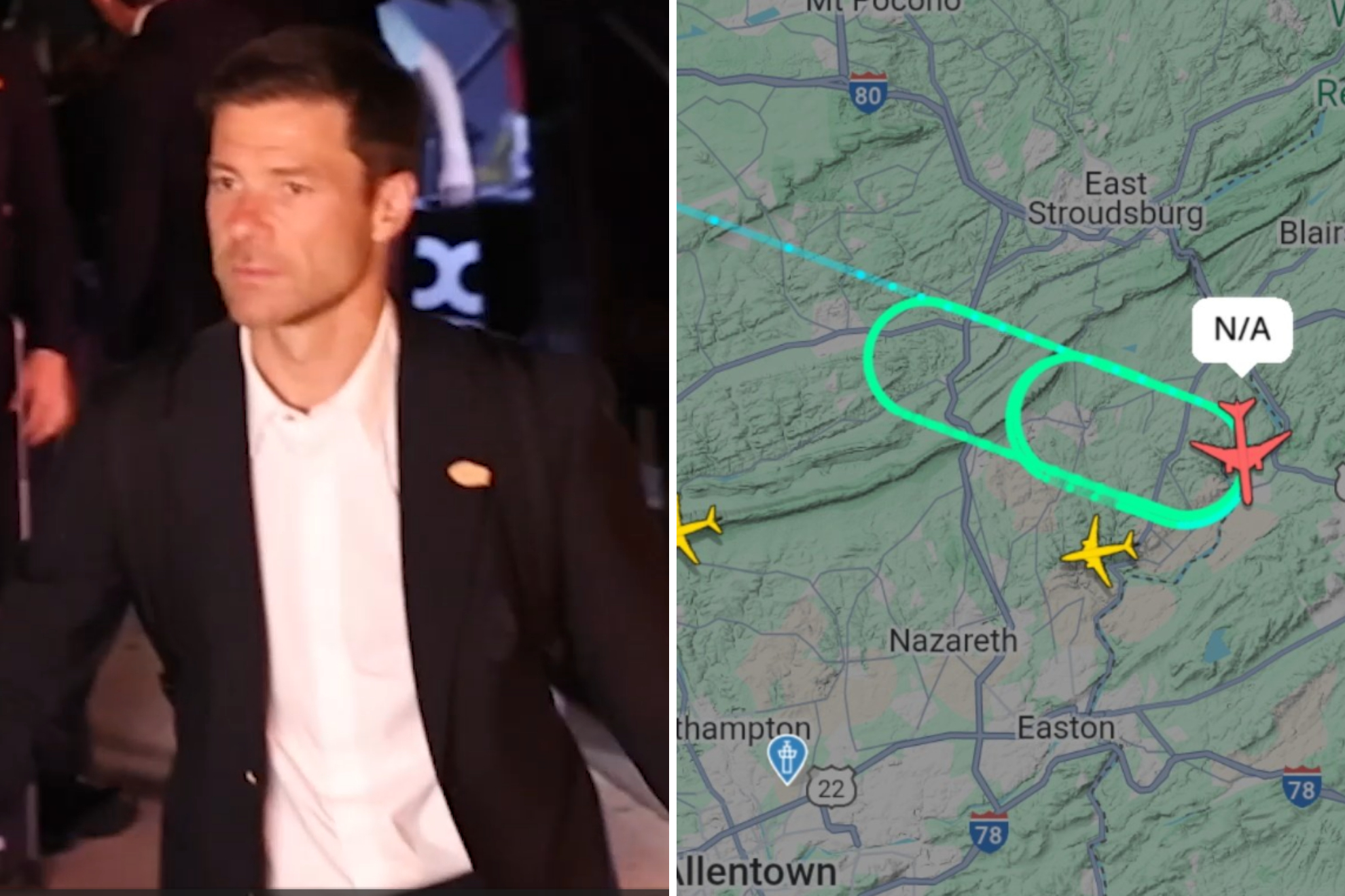 Xabi Alonso a la llegada y la ruta del Real Madrid dando vueltas antes de aterrizar.