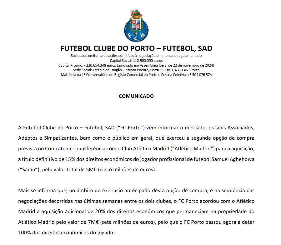Comunicado del Oporto.