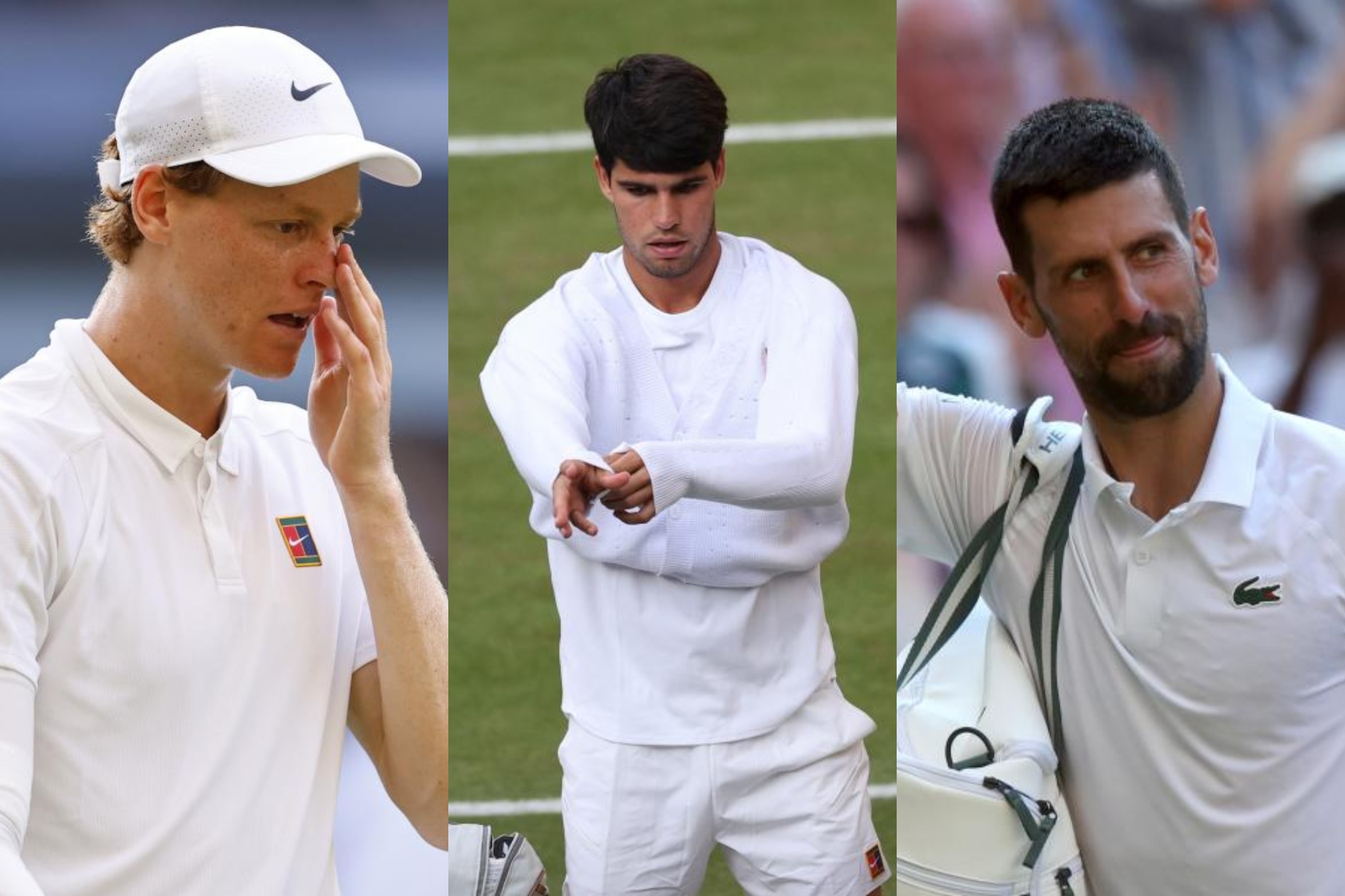 De izquierda a derecha, Sinner, Alcaraz y Djokovic, durante Wimbledon.