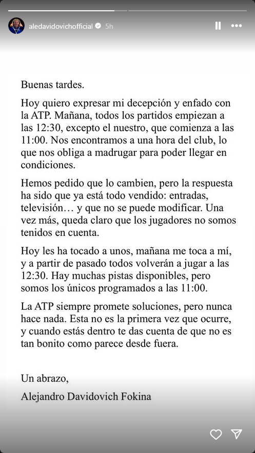 Davidovich expresa su enfado con la ATP por la temprana hora de su partido del viernes
