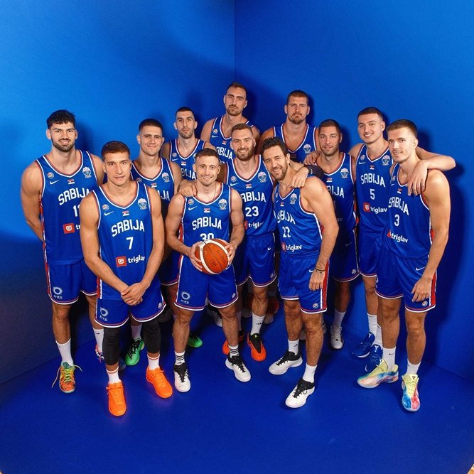 The Serbian basketball selection poses in the official photo session of the Eurobasket.