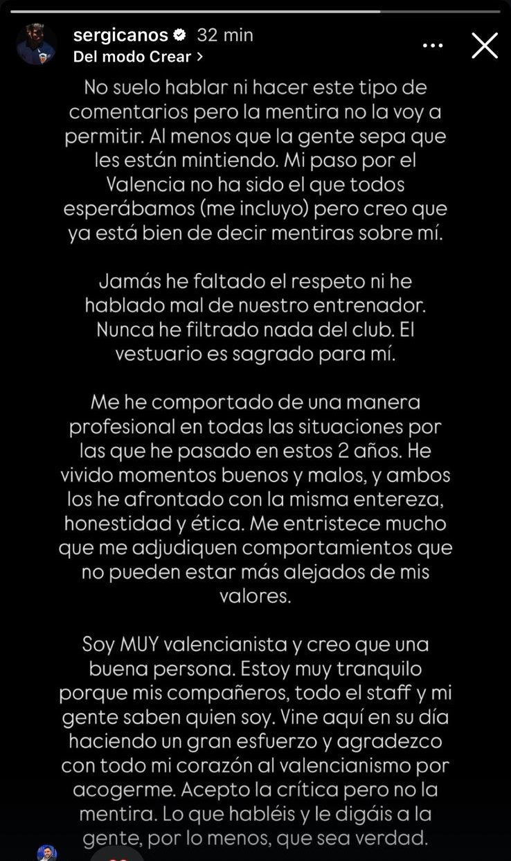 Mensaje de Canós en Instagram