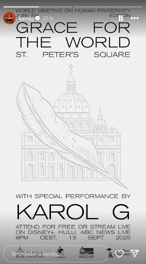 Karol G formará parte de la lista de artistas que actuarán en El Vaticano  frente al Papa León XIV en el evento 'Grace For The World'