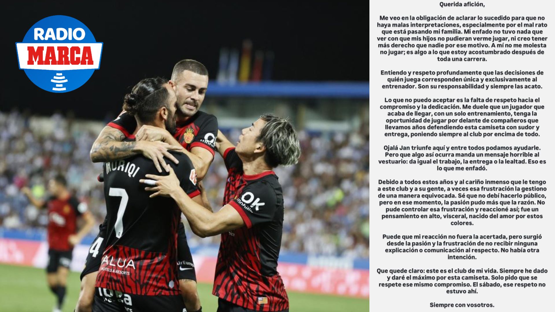 Montaje de Dani Rodriguez celebrando un gol con el Mallorca y su comunicado