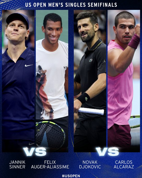 Semifinales del US Open: Carlos Alcaraz vs Novak Djokovic y Jannik Sinner vs Félix Auger-Aliassime